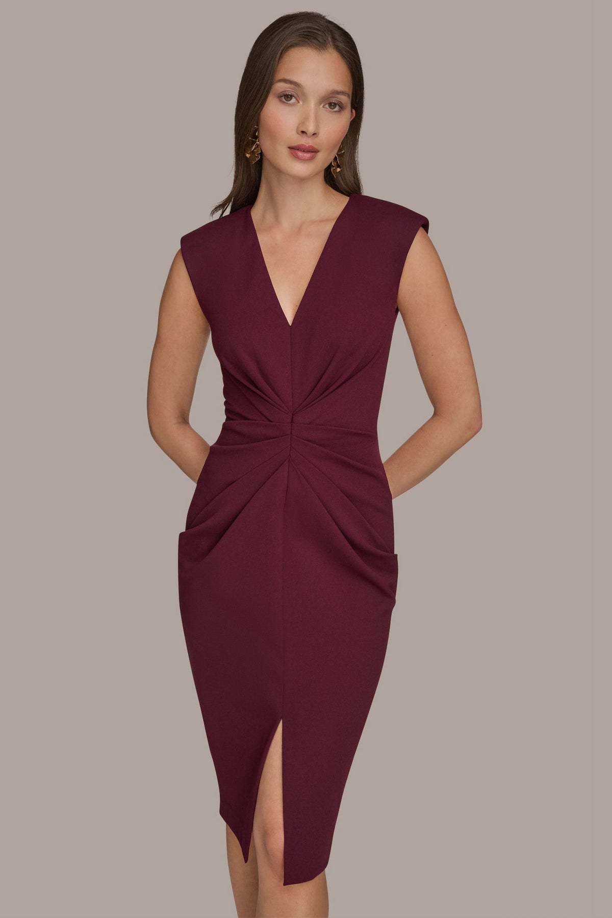 Donna Karan SLEEVELESS SPLIT-FRONT MIDI SHEATH DRESS