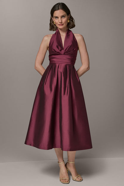 Donna Karan SLEEVELESS V-NECK TAFFETA MIDI COCKTAIL DRESS