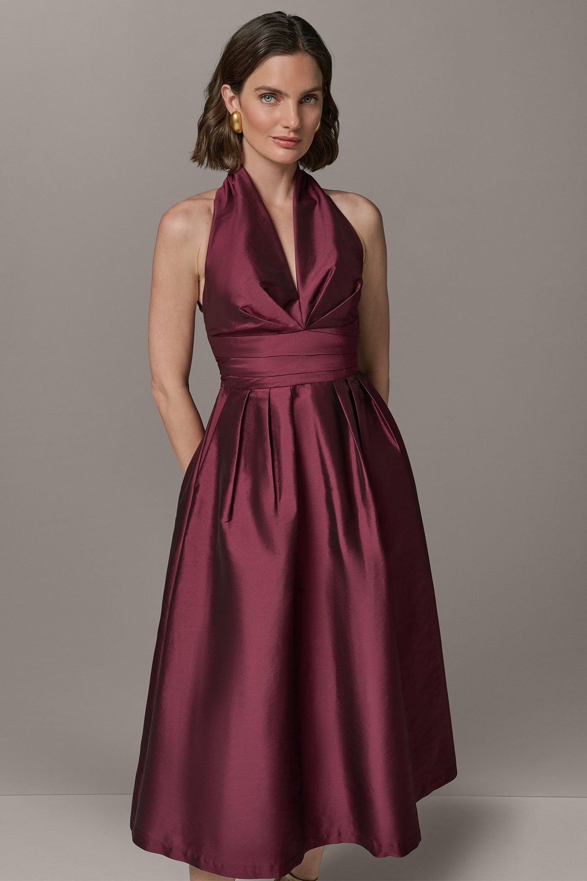 Donna Karan SLEEVELESS V-NECK TAFFETA MIDI COCKTAIL DRESS