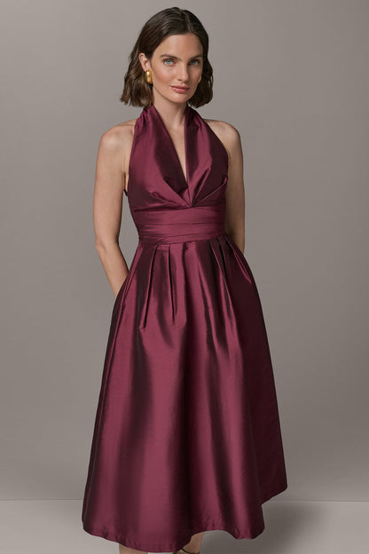 Donna Karan SLEEVELESS V-NECK TAFFETA MIDI COCKTAIL DRESS