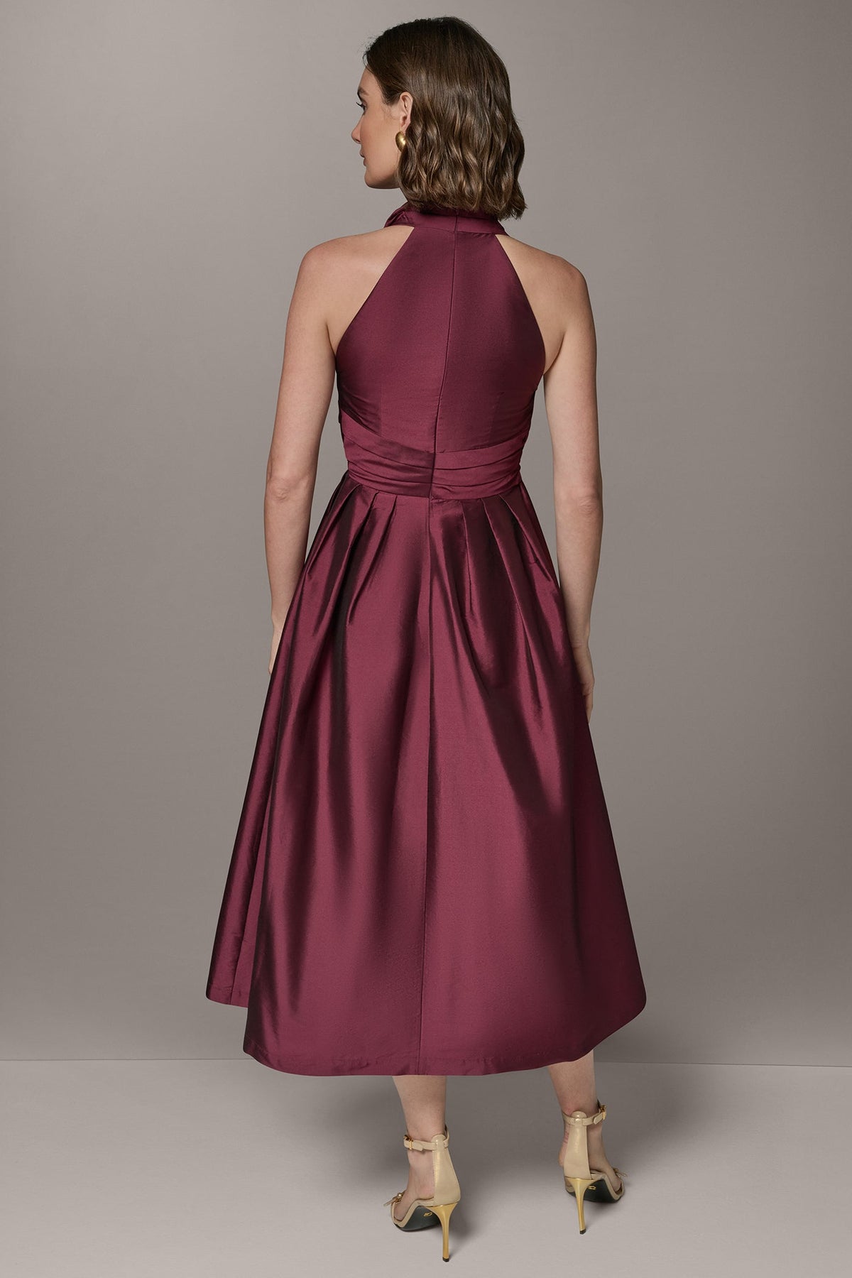 Donna Karan SLEEVELESS V-NECK TAFFETA MIDI COCKTAIL DRESS