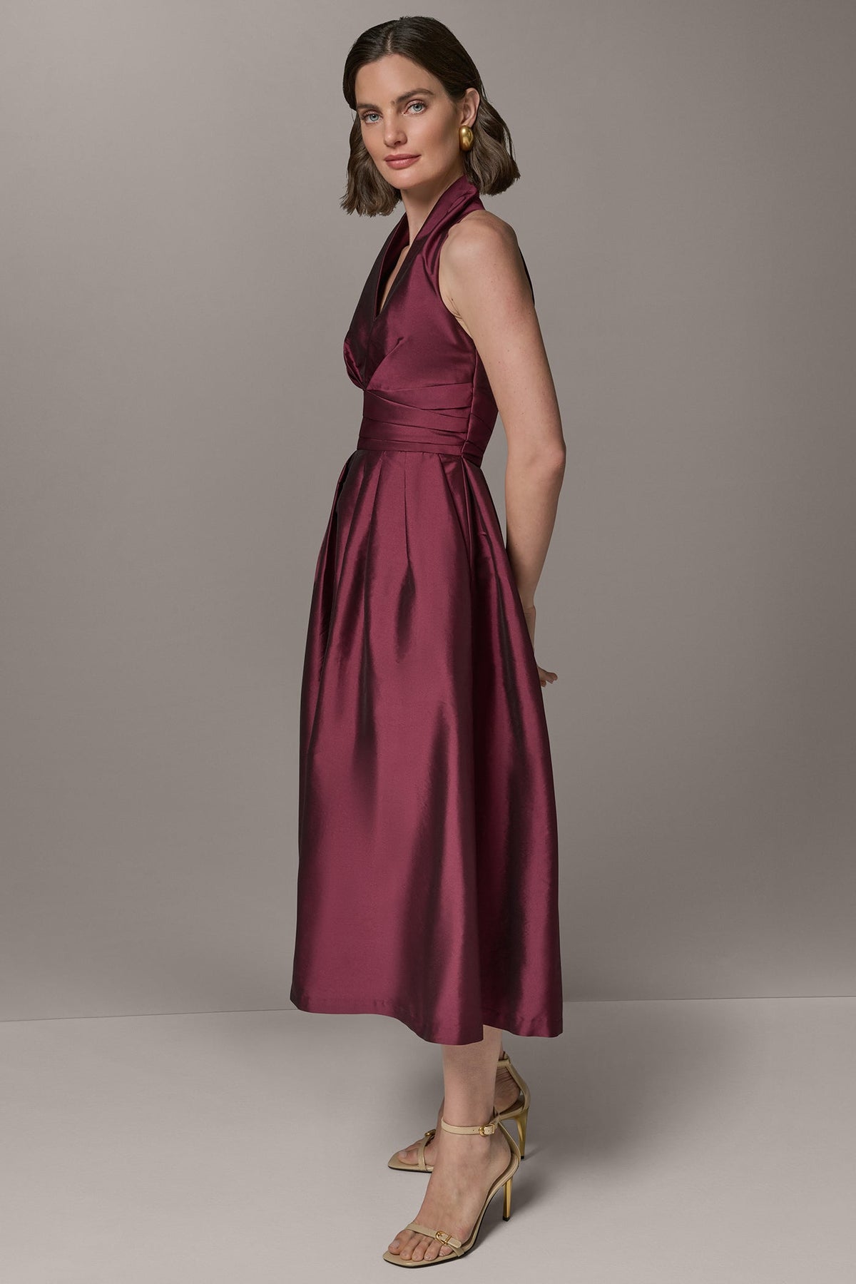 Donna Karan SLEEVELESS V-NECK TAFFETA MIDI COCKTAIL DRESS