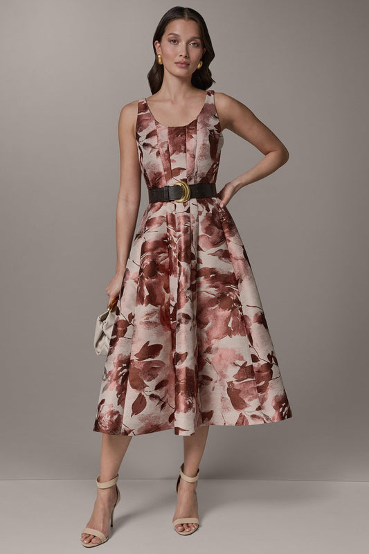 Donna Karan SLEEVELESS FLORAL MIDI FIT AND FLARE DRESS