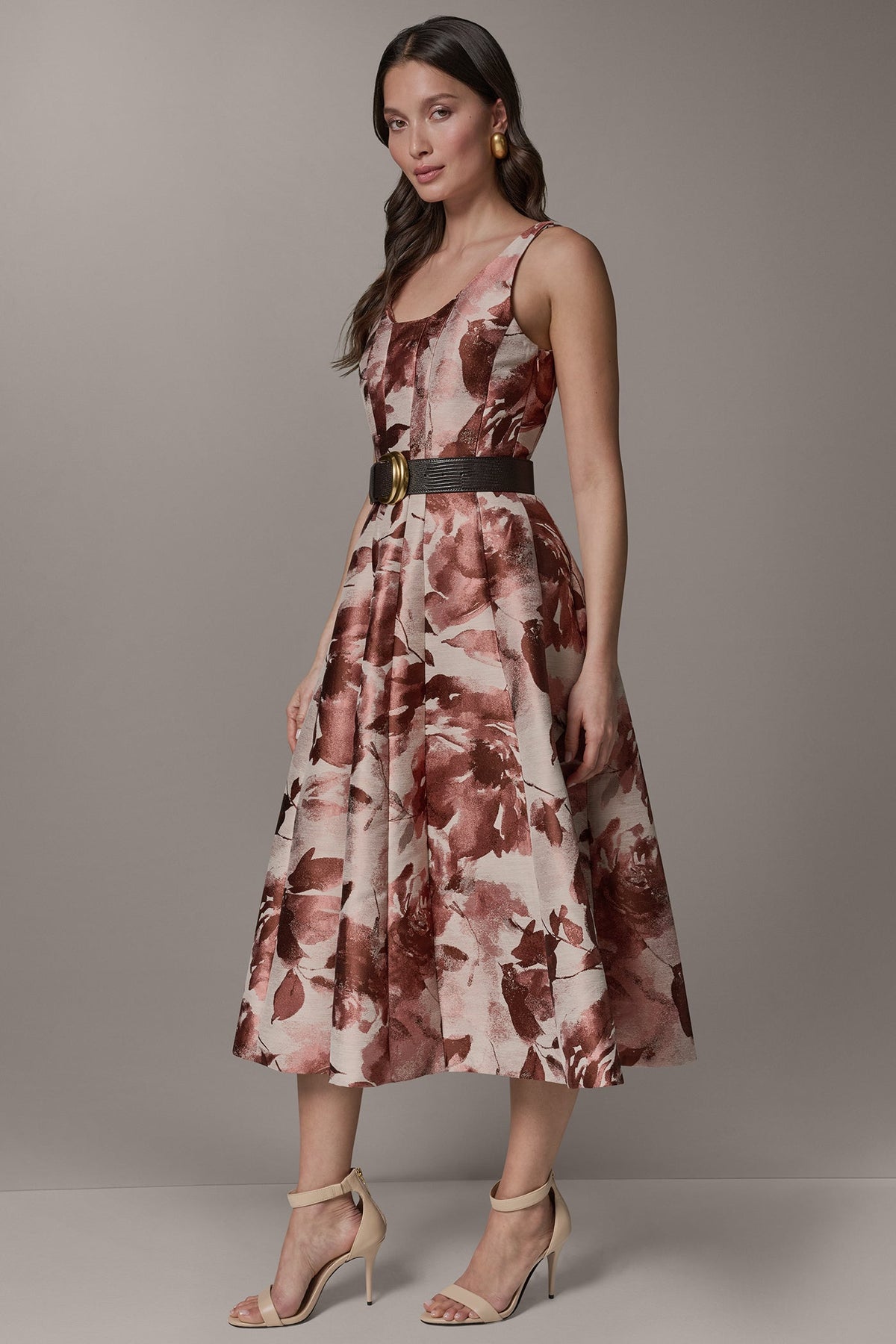 Donna Karan SLEEVELESS FLORAL MIDI FIT AND FLARE DRESS