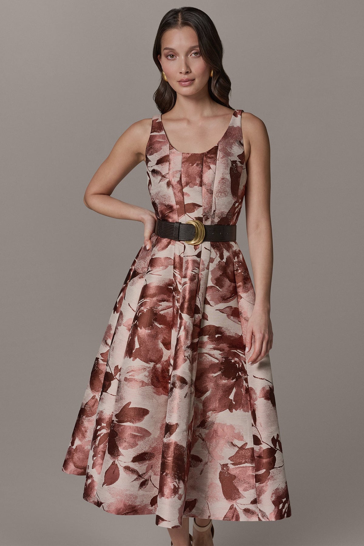 Donna Karan SLEEVELESS FLORAL MIDI FIT AND FLARE DRESS