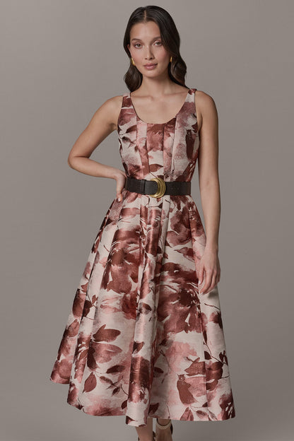 Donna Karan SLEEVELESS FLORAL MIDI FIT AND FLARE DRESS