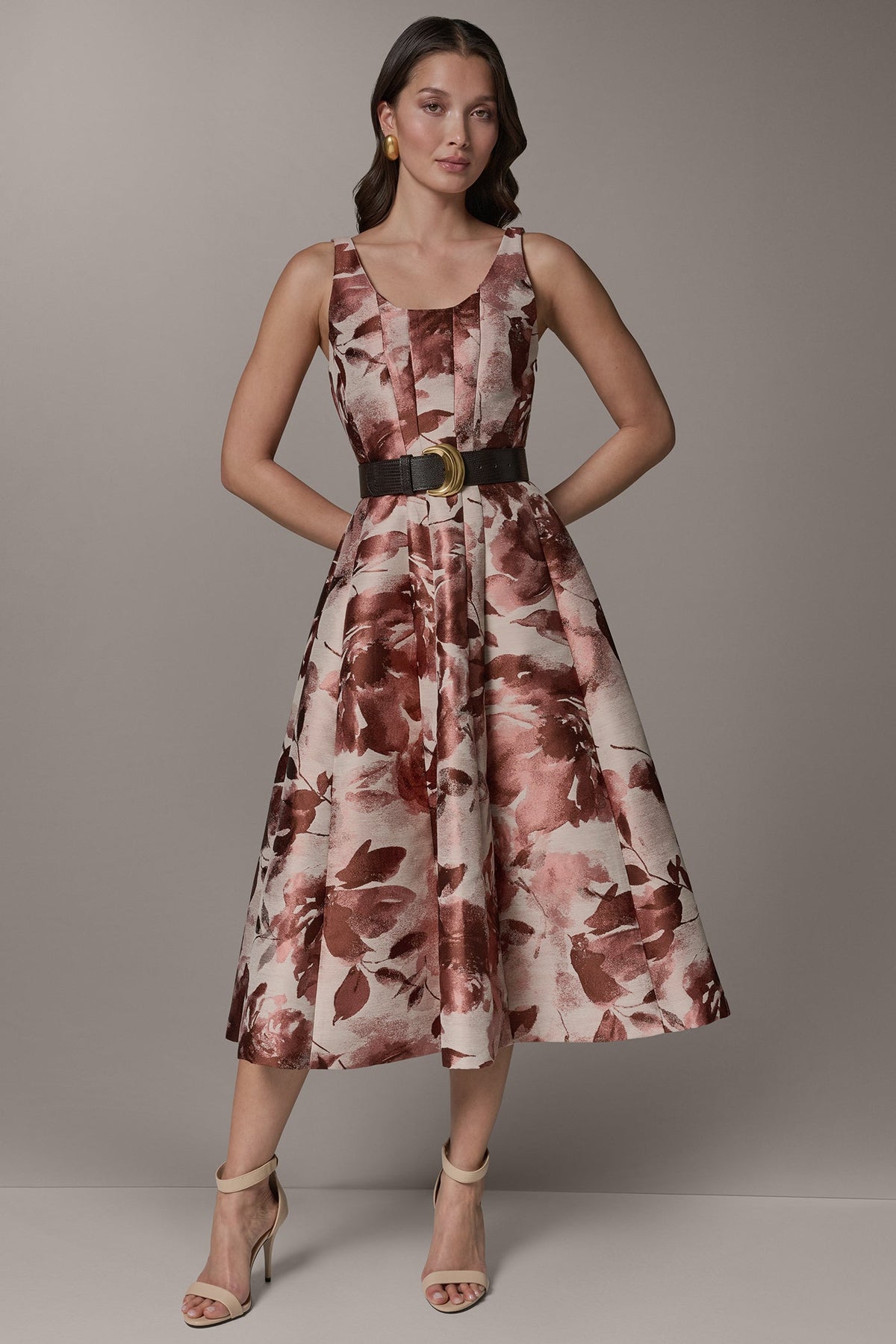 Donna Karan SLEEVELESS FLORAL MIDI FIT AND FLARE DRESS