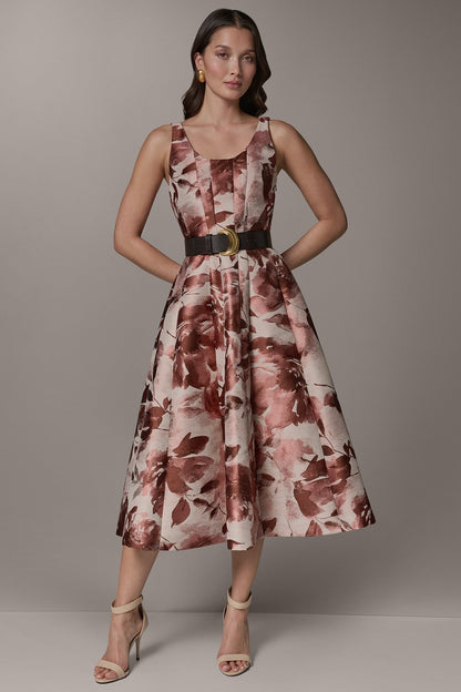 Donna Karan SLEEVELESS FLORAL MIDI FIT AND FLARE DRESS
