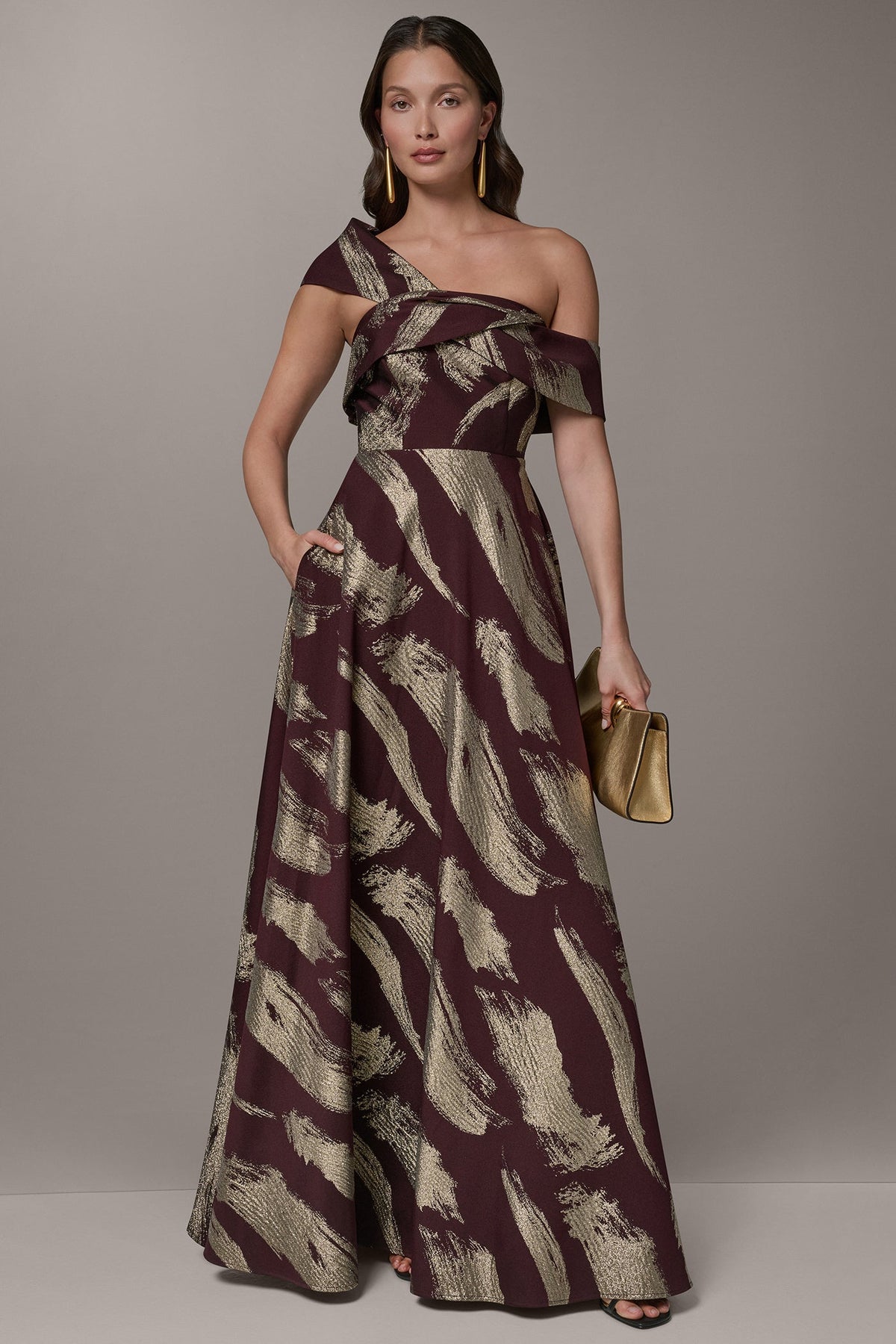 Donna Karan ONE SHOULDER METALLIC BRUSHTROKE GOWN