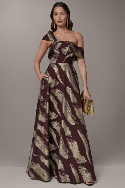 Donna Karan ONE SHOULDER METALLIC BRUSHTROKE GOWN