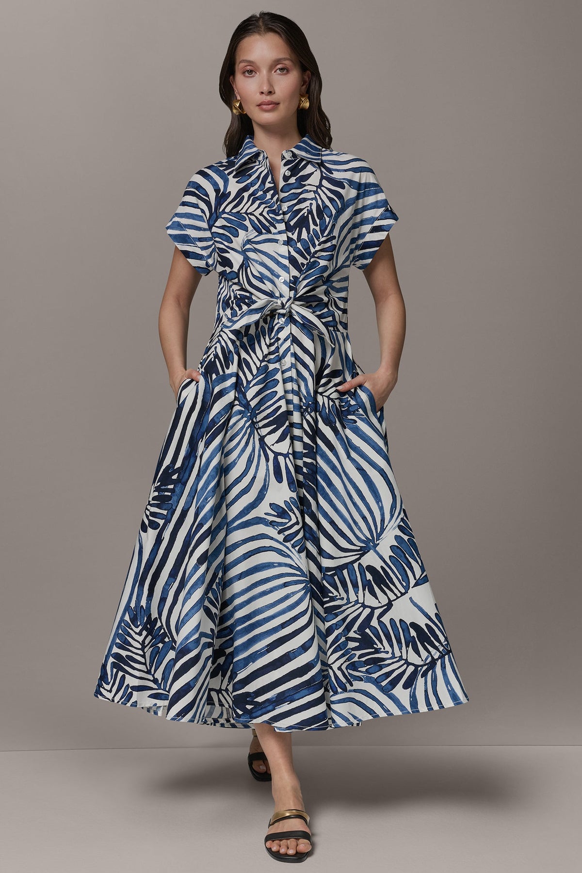 Donna Karan SHORT SLEEVE TIE FRONT MAXI SHIRT DRESS