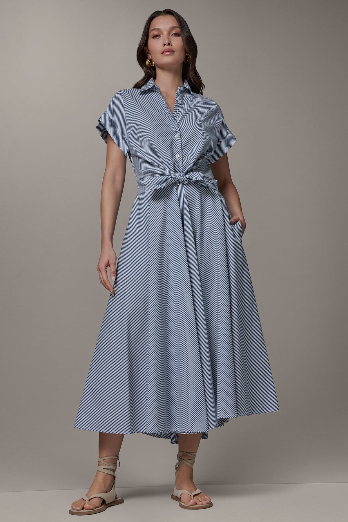 Donna Karan SHORT SLEEVE STRIPE TIE FRONT MAXI SHIRT DRESS