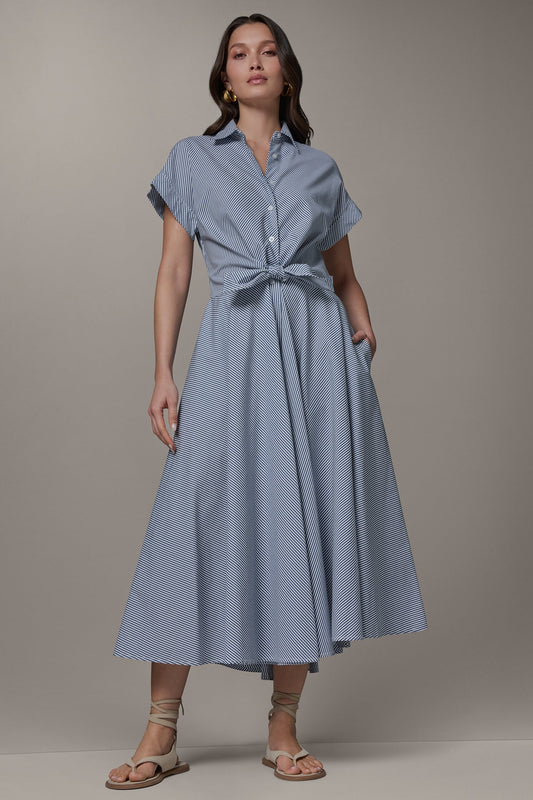 Donna Karan SHORT SLEEVE STRIPE TIE FRONT MAXI SHIRT DRESS