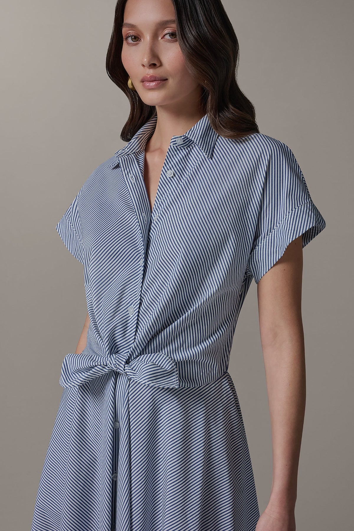 Donna Karan SHORT SLEEVE STRIPE TIE FRONT MAXI SHIRT DRESS
