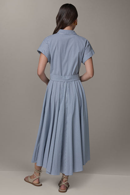 Donna Karan SHORT SLEEVE STRIPE TIE FRONT MAXI SHIRT DRESS