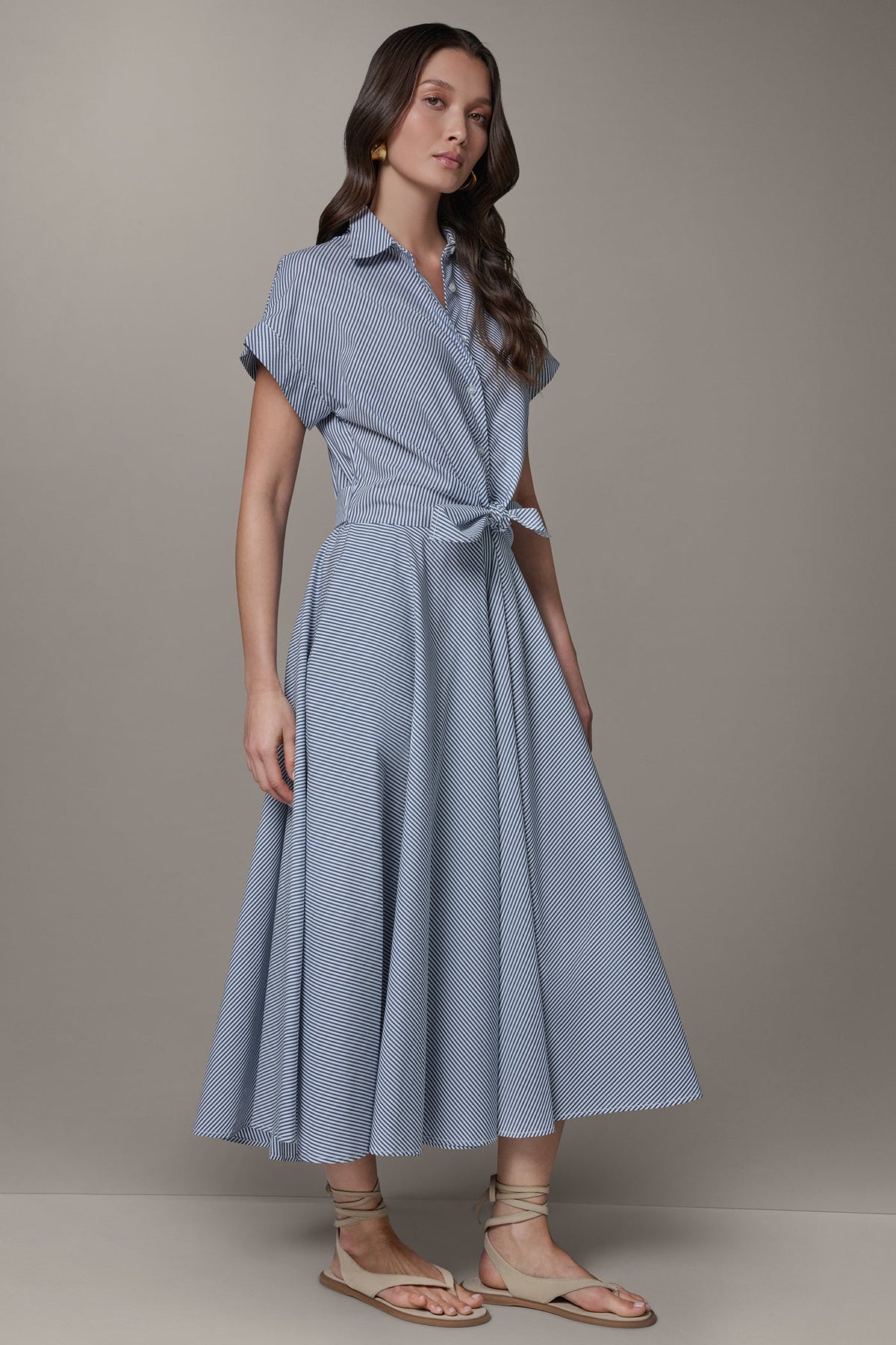 Donna Karan SHORT SLEEVE STRIPE TIE FRONT MAXI SHIRT DRESS