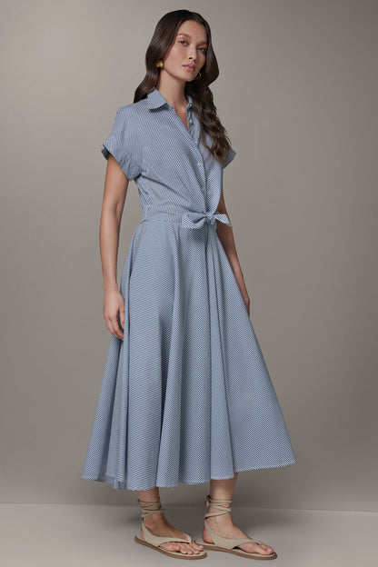 Donna Karan SHORT SLEEVE STRIPE TIE FRONT MAXI SHIRT DRESS