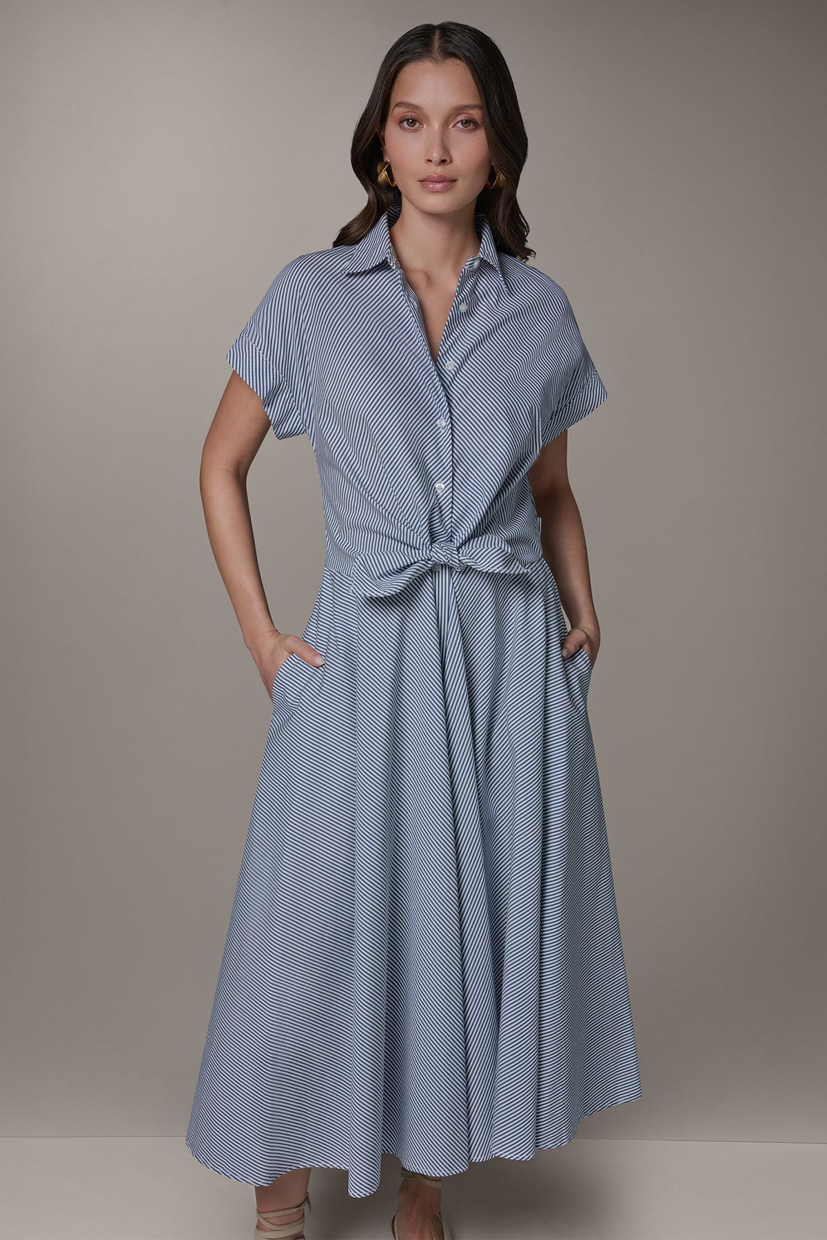 Donna Karan SHORT SLEEVE STRIPE TIE FRONT MAXI SHIRT DRESS