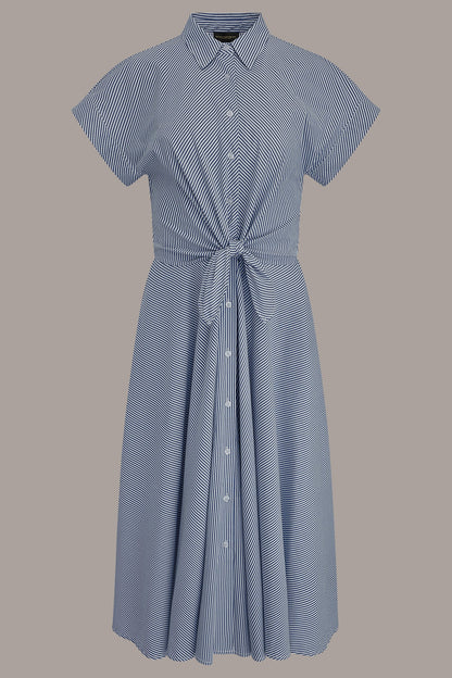 Donna Karan SHORT SLEEVE STRIPE TIE FRONT MAXI SHIRT DRESS
