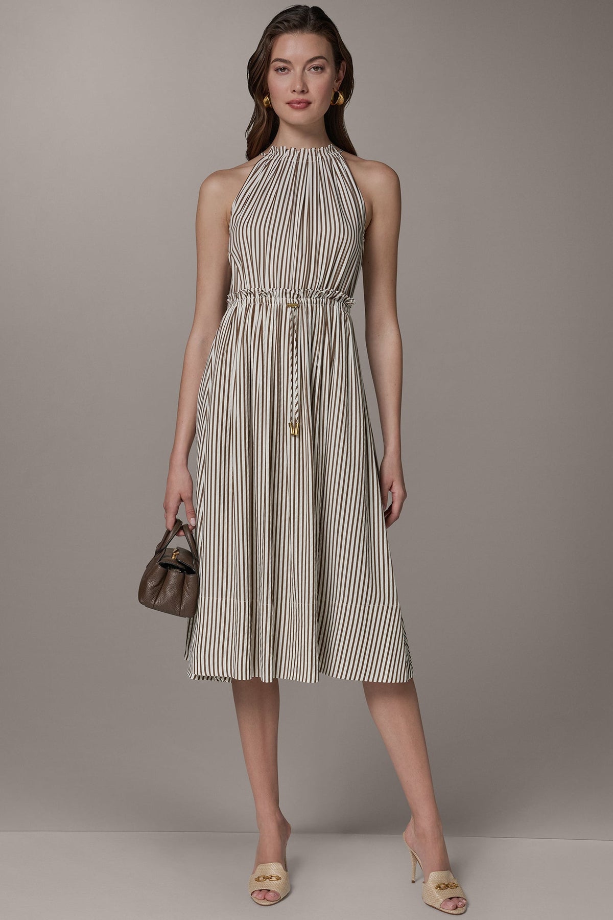 Donna Karan SLEEVELESS DRAWSTRING WAIST MIDI HALTER DRESS