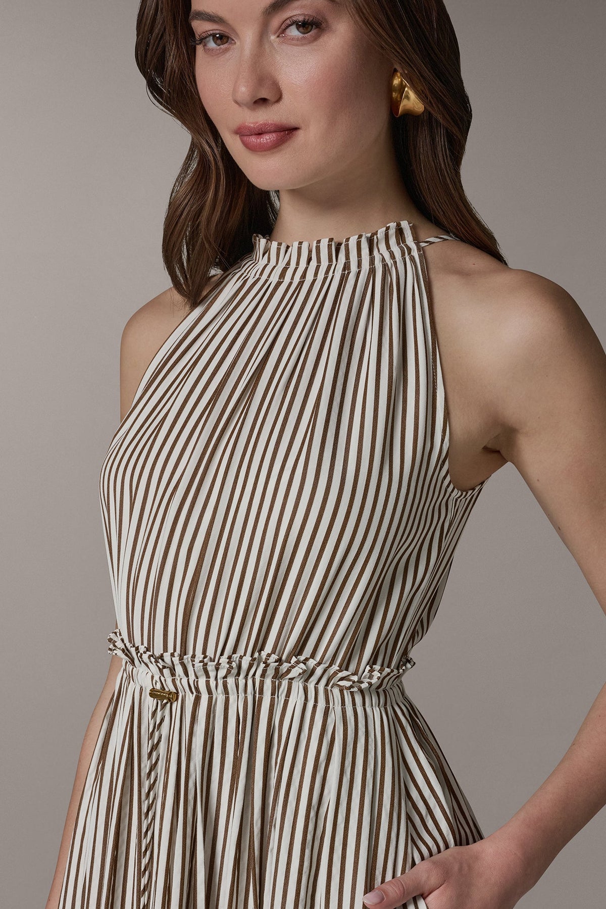 Donna Karan SLEEVELESS DRAWSTRING WAIST MIDI HALTER DRESS
