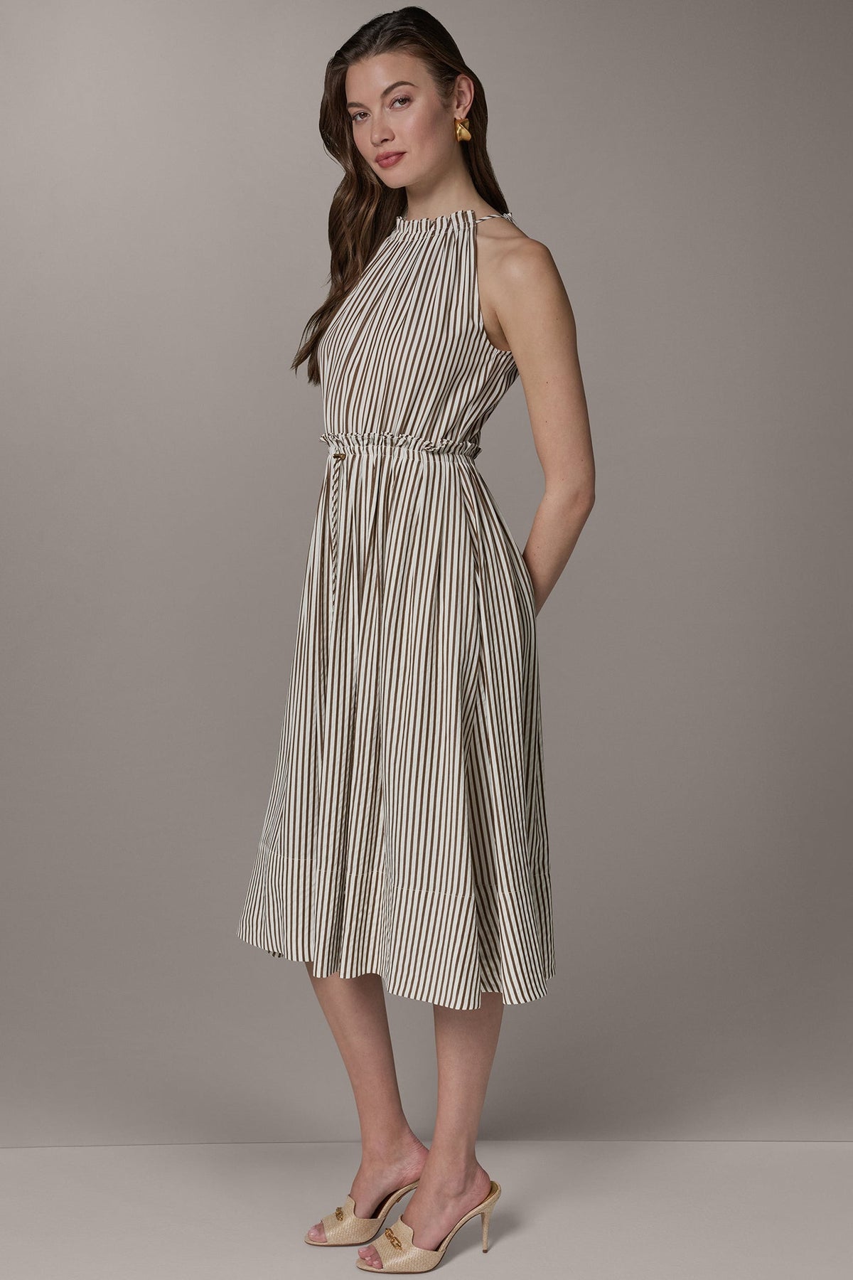 Donna Karan SLEEVELESS DRAWSTRING WAIST MIDI HALTER DRESS