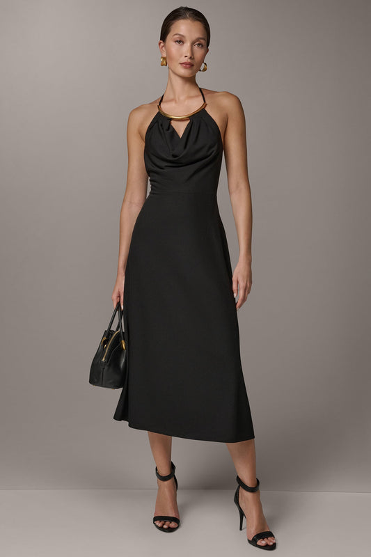 Donna Karan SLEEVELESS COWL NECK MIDI HALTER DRESS
