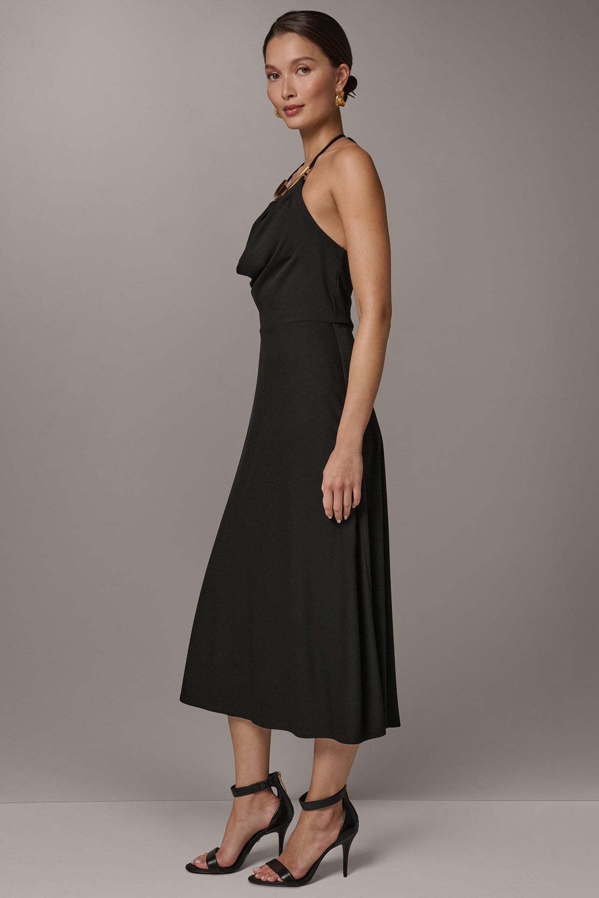 Donna Karan SLEEVELESS COWL NECK MIDI HALTER DRESS