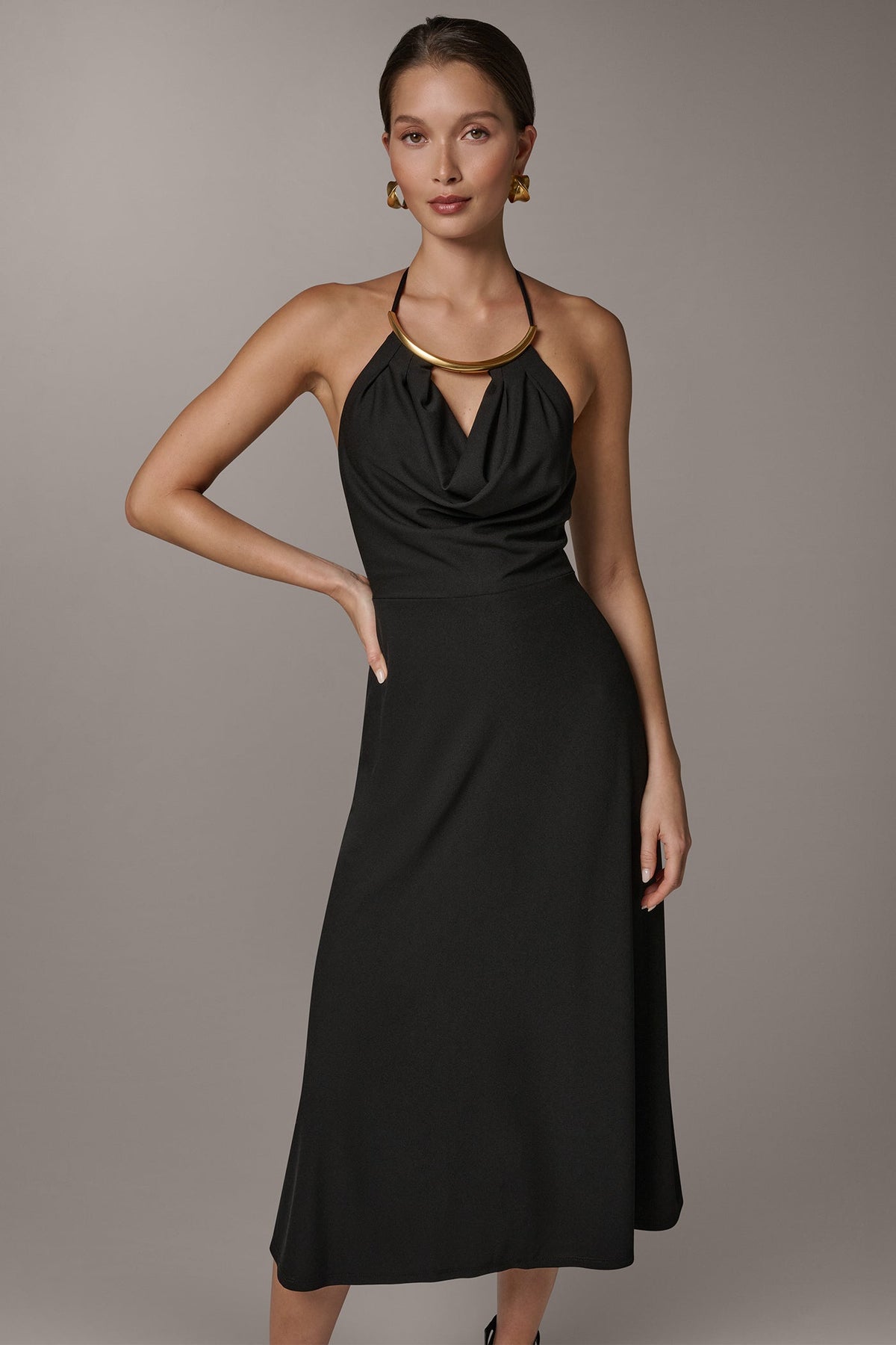 Donna Karan SLEEVELESS COWL NECK MIDI HALTER DRESS