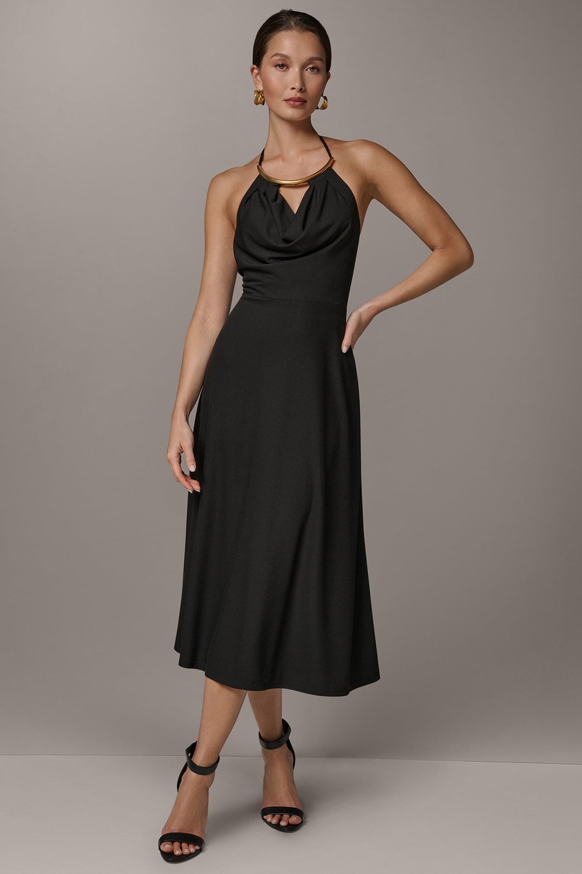 Donna Karan SLEEVELESS COWL NECK MIDI HALTER DRESS