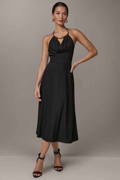 Donna Karan SLEEVELESS COWL NECK MIDI HALTER DRESS