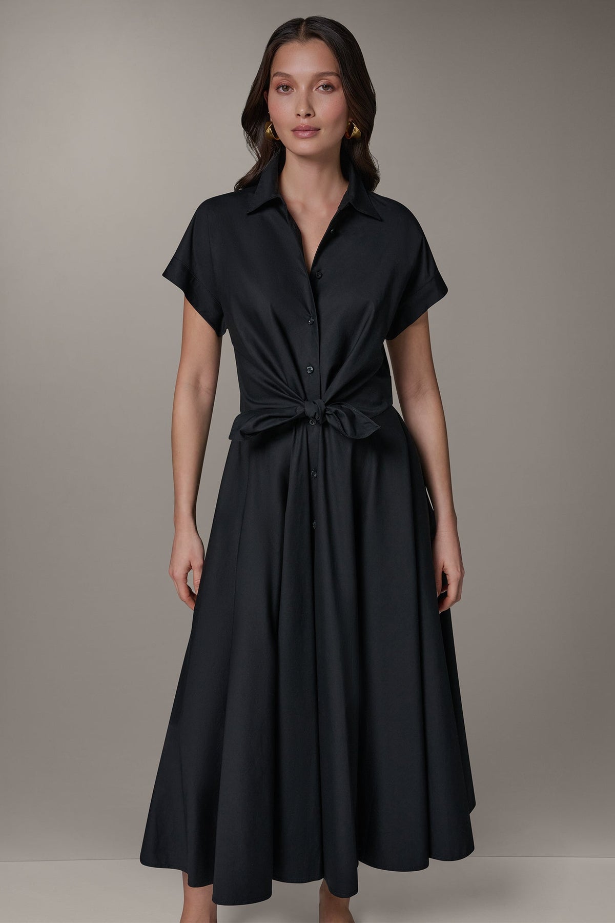 Donna Karan SHORT SLEEVE TIE FRONT MAXI SHIRT DRESS