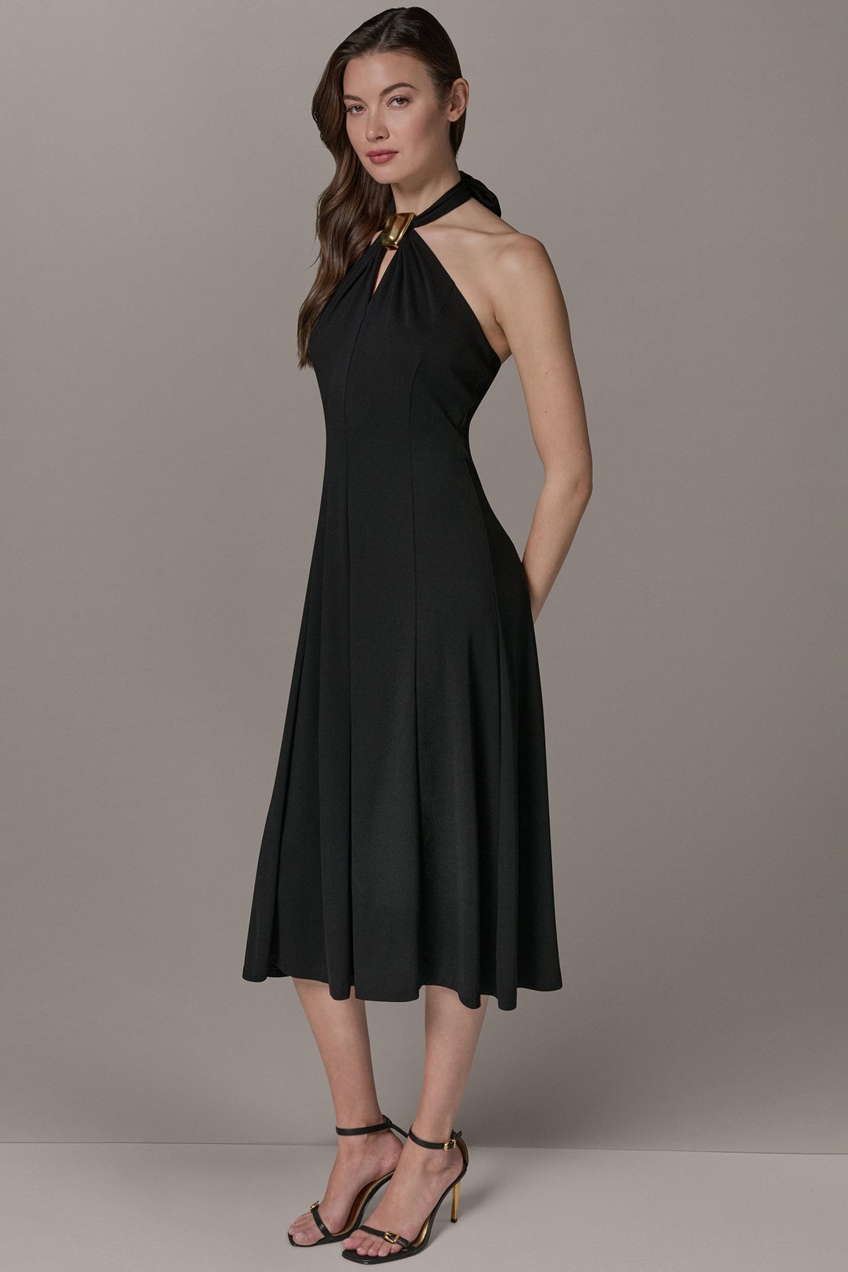 Donna Karan SLEEVELESS MIDI A-LINE HALTER DRESS