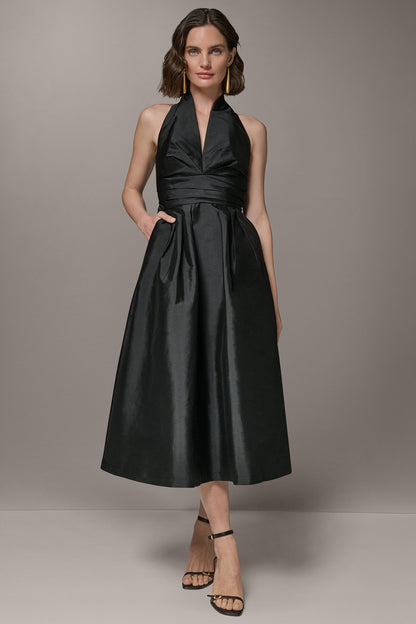 Donna Karan SLEEVELESS V-NECK TAFFETA MIDI COCKTAIL DRESS