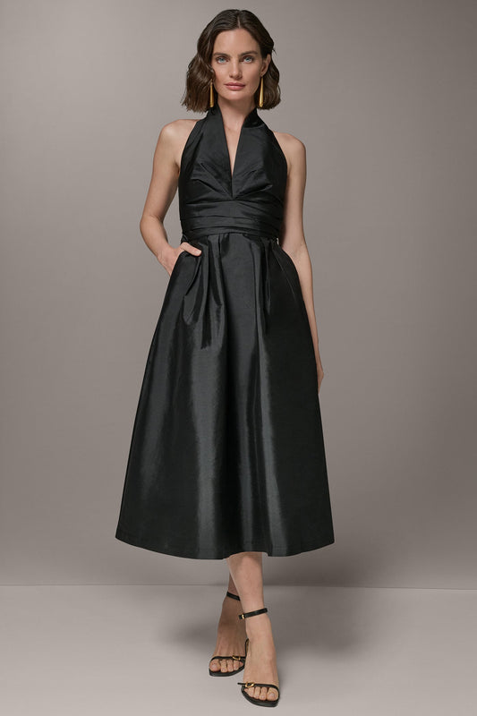 Donna Karan SLEEVELESS V-NECK TAFFETA MIDI COCKTAIL DRESS