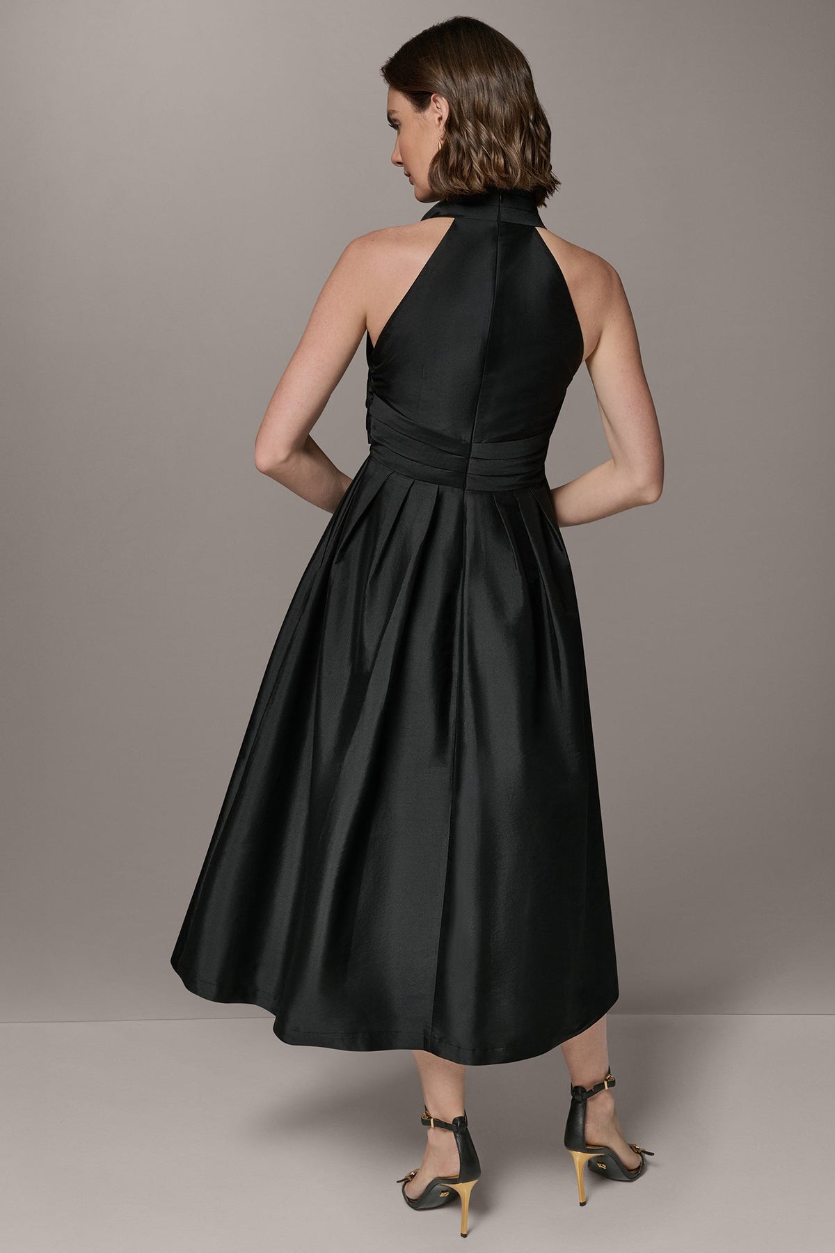 Donna Karan SLEEVELESS V-NECK TAFFETA MIDI COCKTAIL DRESS