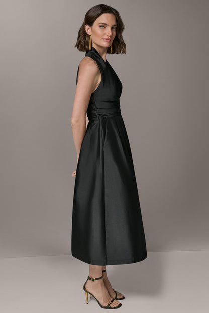 Donna Karan SLEEVELESS V-NECK TAFFETA MIDI COCKTAIL DRESS