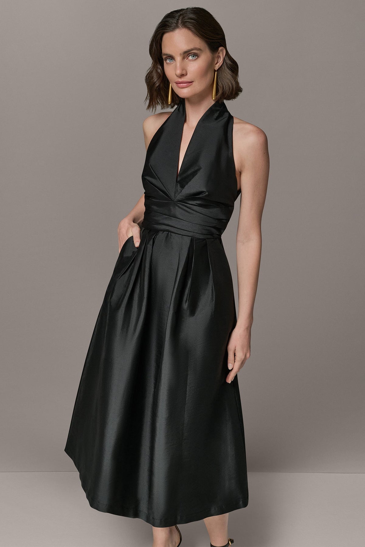 Donna Karan SLEEVELESS V-NECK TAFFETA MIDI COCKTAIL DRESS