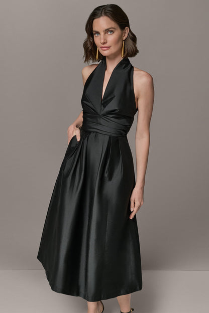 Donna Karan SLEEVELESS V-NECK TAFFETA MIDI COCKTAIL DRESS