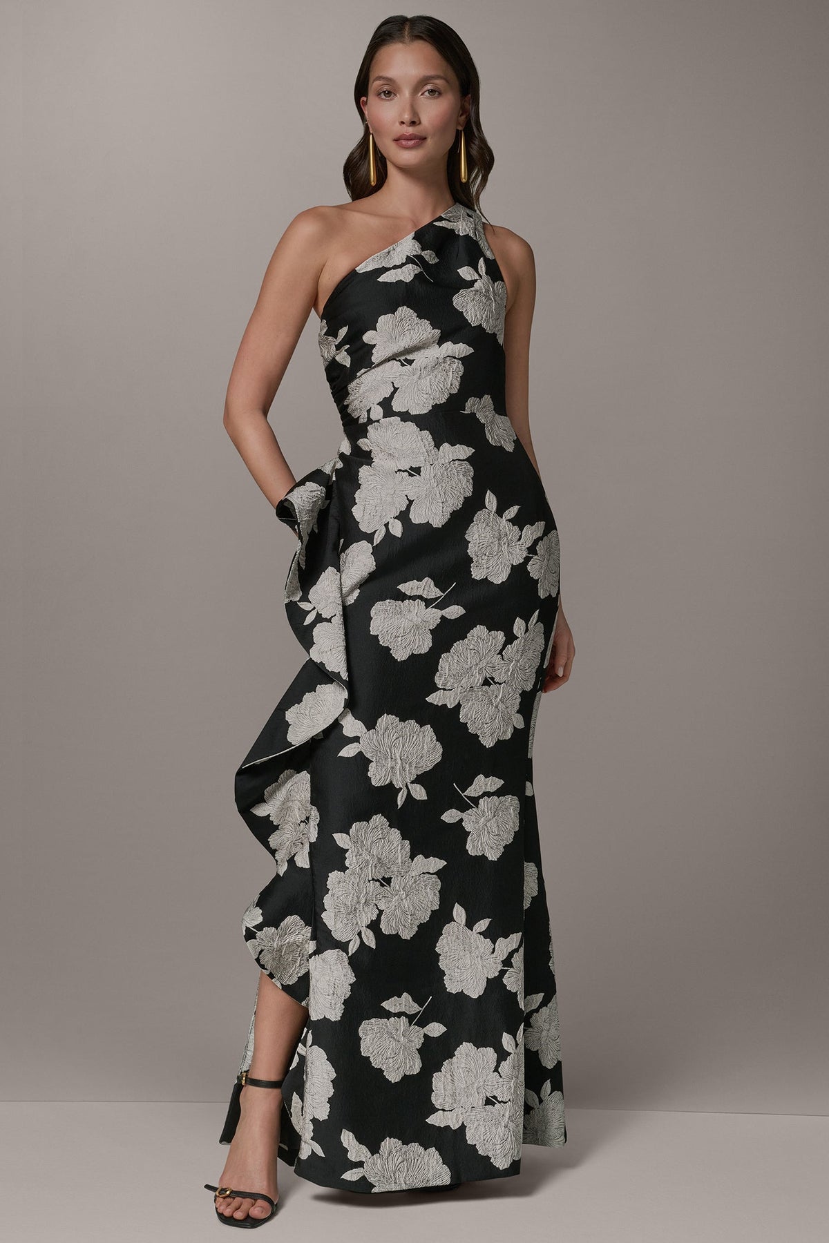 Donna Karan ONE SHOULDER FLORAL SIDE RUFFLE GOWN