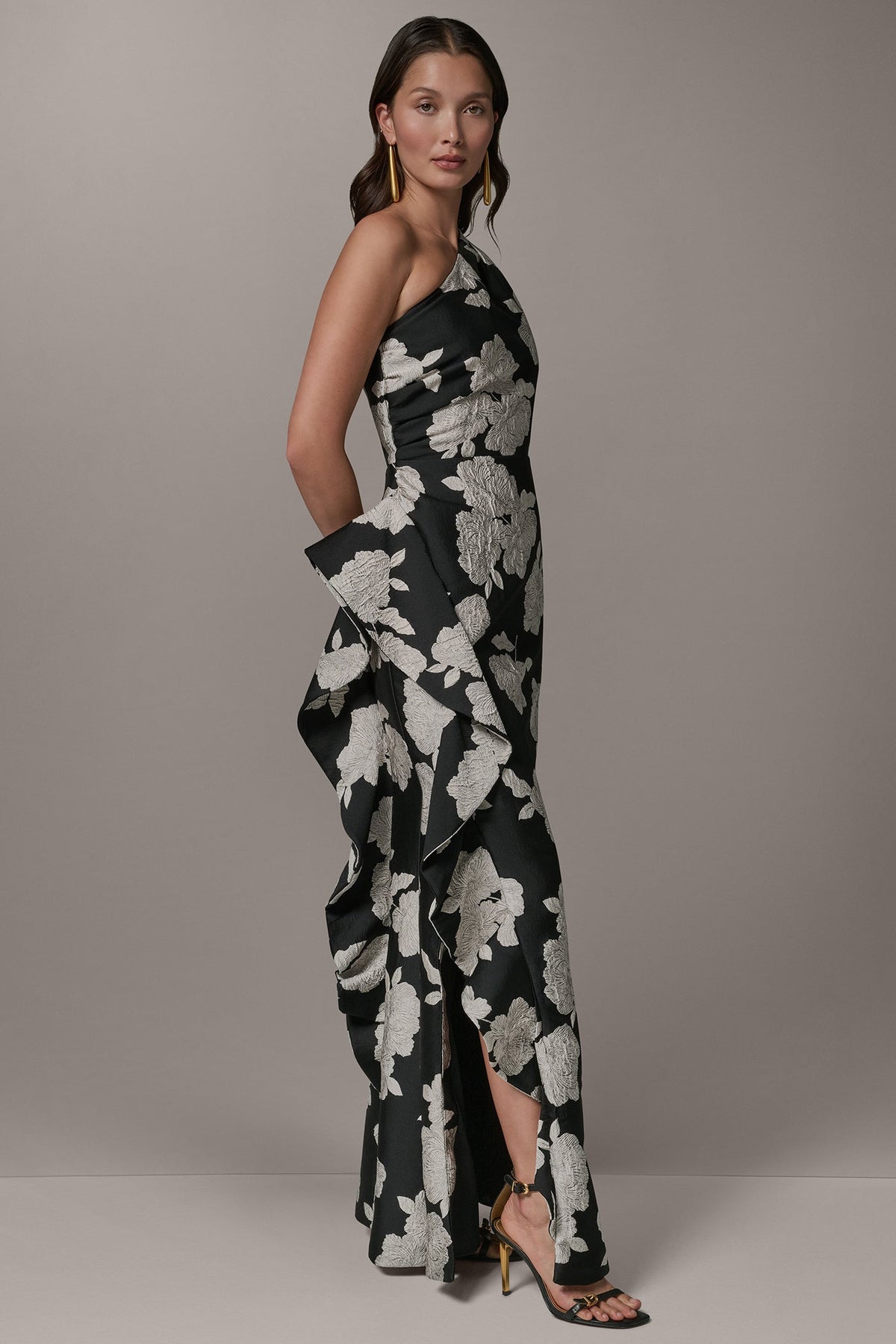 Donna Karan ONE SHOULDER FLORAL SIDE RUFFLE GOWN