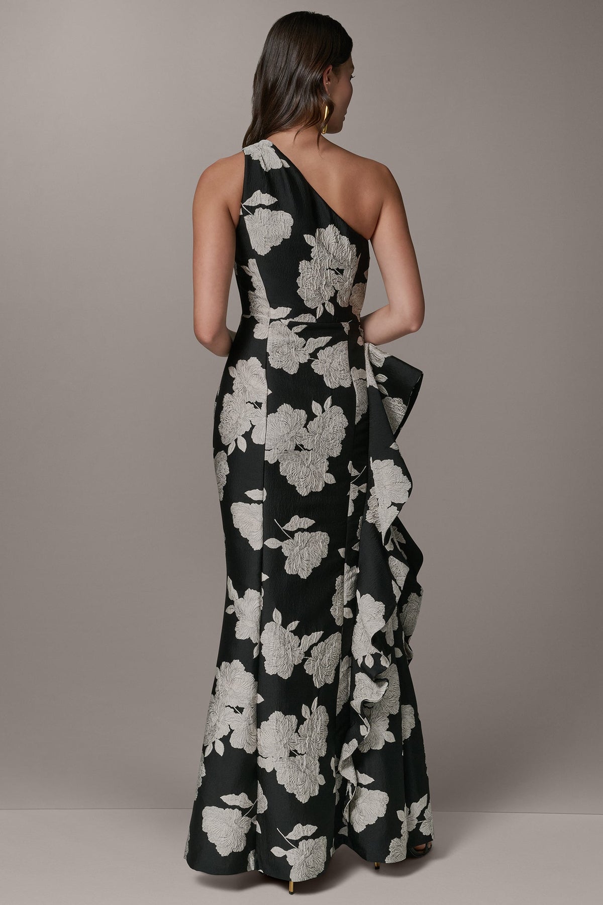 Donna Karan ONE SHOULDER FLORAL SIDE RUFFLE GOWN
