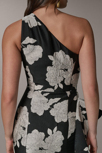 Donna Karan ONE SHOULDER FLORAL SIDE RUFFLE GOWN