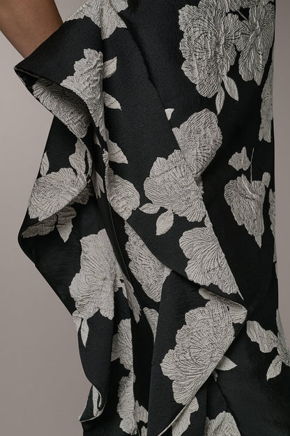 Donna Karan ONE SHOULDER FLORAL SIDE RUFFLE GOWN
