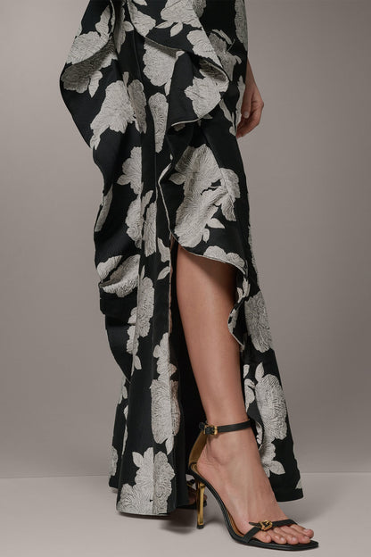 Donna Karan ONE SHOULDER FLORAL SIDE RUFFLE GOWN