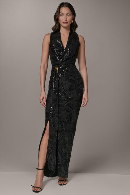Donna Karan SLEEVELESS WRAP-EFFECT SEQUIN GOWN