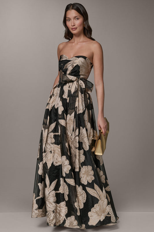 Donna Karan STRAPLESS SWEETHEART METALLIC FLORAL BALL GOWN