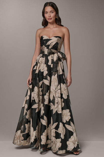 Donna Karan STRAPLESS SWEETHEART METALLIC FLORAL BALL GOWN