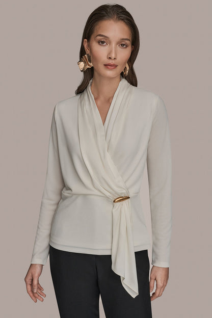 Donna Karan LONG SLEEVE SHAWL-NECK SATIN BLOUSE