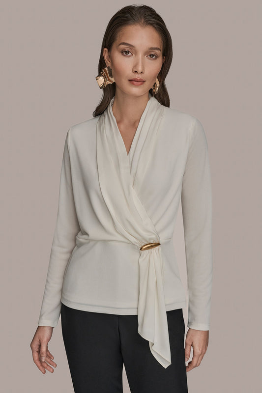 Donna Karan LONG SLEEVE SHAWL-NECK SATIN BLOUSE